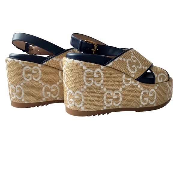 New Gucci Authentic Raffia Nappa GG Monogram Platform 703791 Sz 39 Rubber Soles - Picture 7 of 15